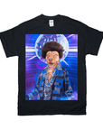 Black Gildan t-shirt featuring a dog with an afro, disco outfit, and a disco ball background.