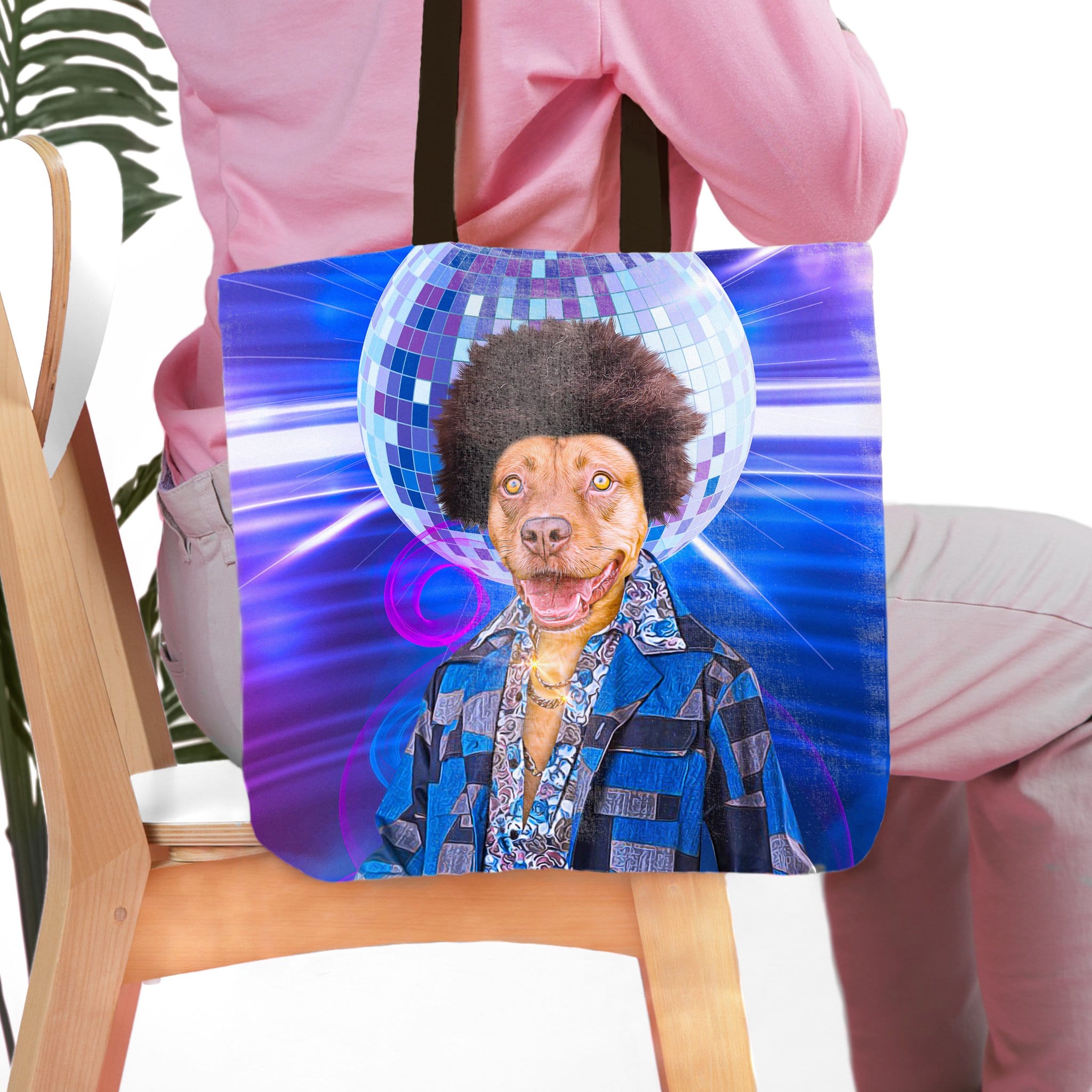 Personalized Disco Doggo tote bag with a custom dog portrait in a disco outfit and afro wig.