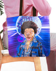 Personalized Disco Doggo tote bag with a custom dog portrait in a disco outfit and afro wig.
