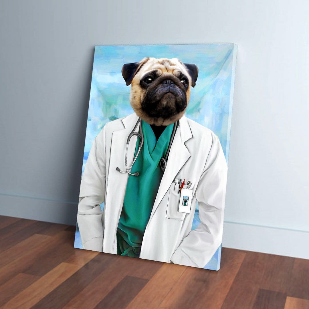 Personalized pug pet canvas in a white doctor's coat with a stethoscope, leaning against a blue wall.