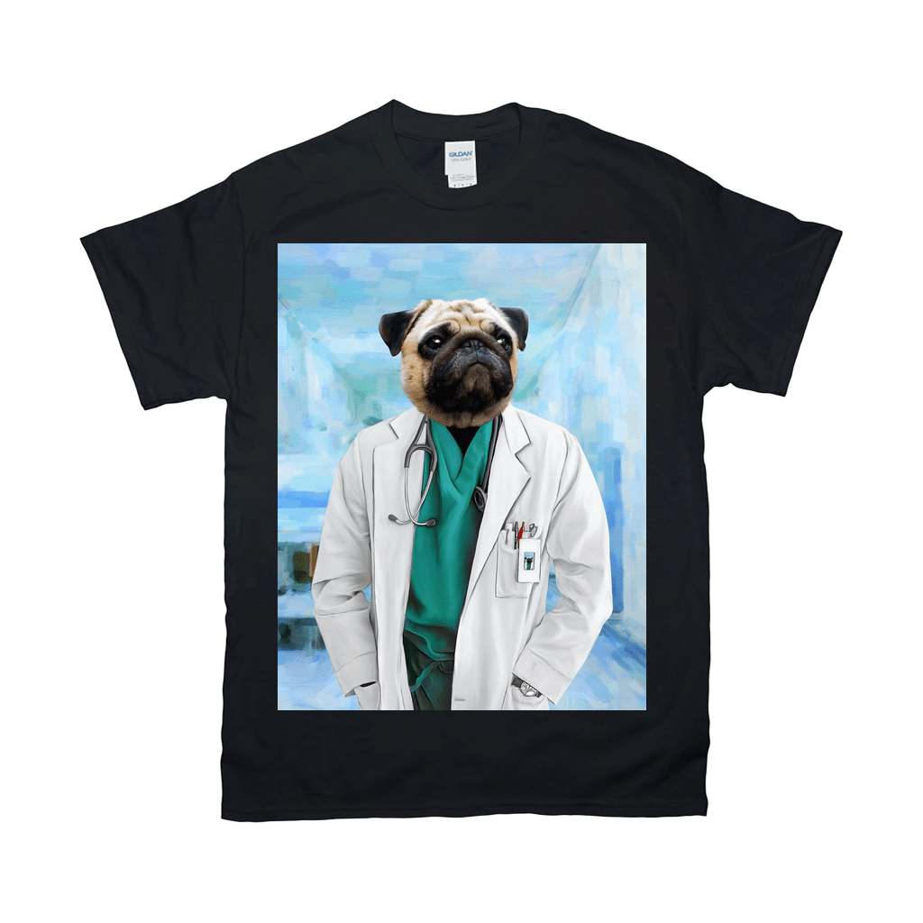 Black Gildan t-shirt with a personalized pug dog in a doctor's lab coat and scrubs design.