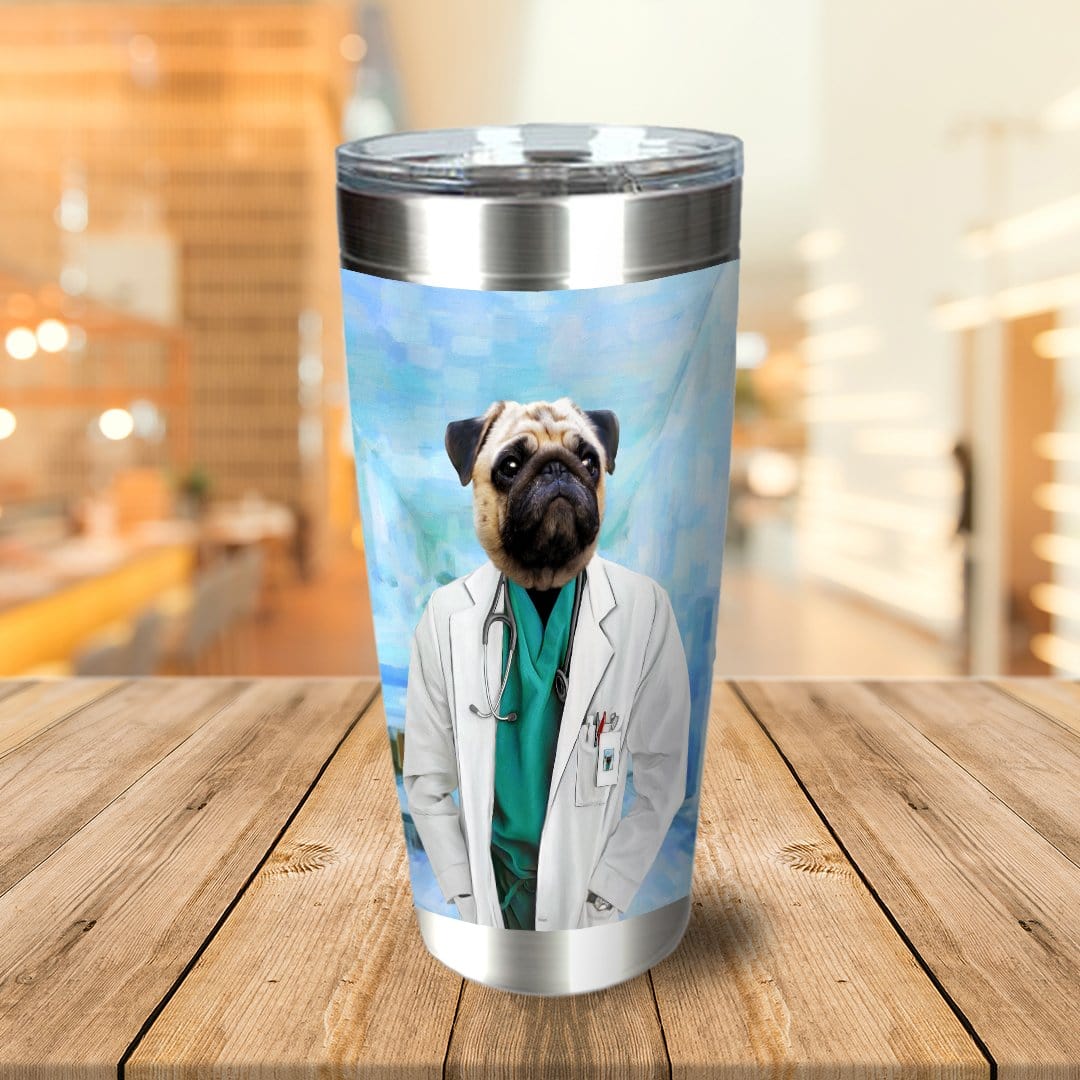 Personalized stainless steel tumbler with a custom portrait of a pug dressed as a doctor.