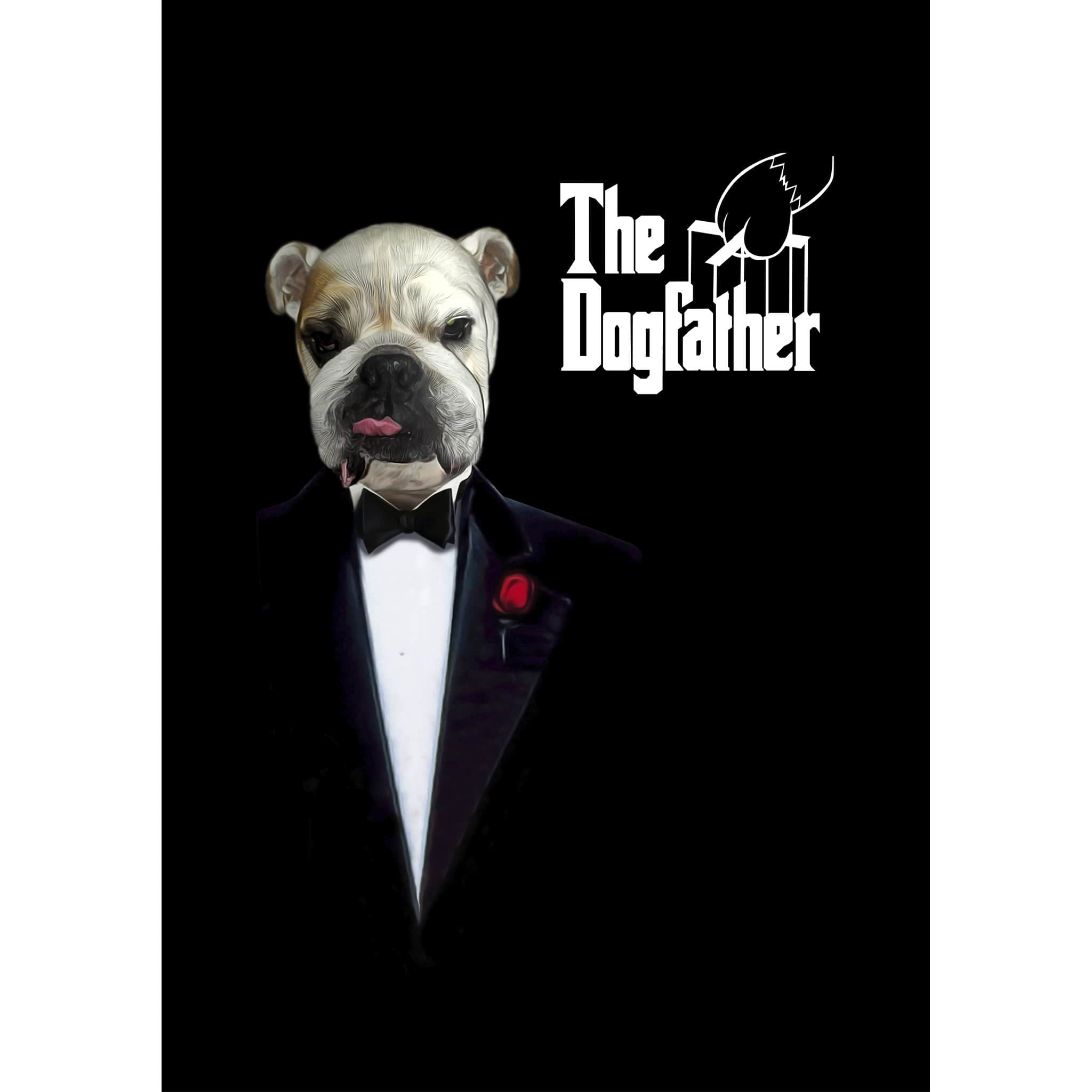 Custom 'The Dogfather' digital portrait featuring a bulldog in a black tuxedo with a red rose.