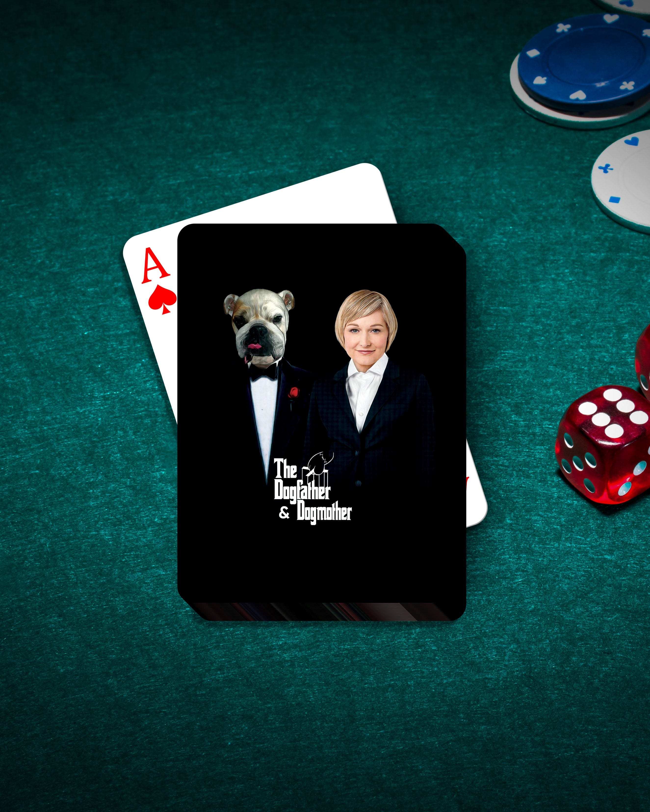 Personalized "Dogfather & Dogmother" playing cards featuring a custom dog and woman portrait on black.