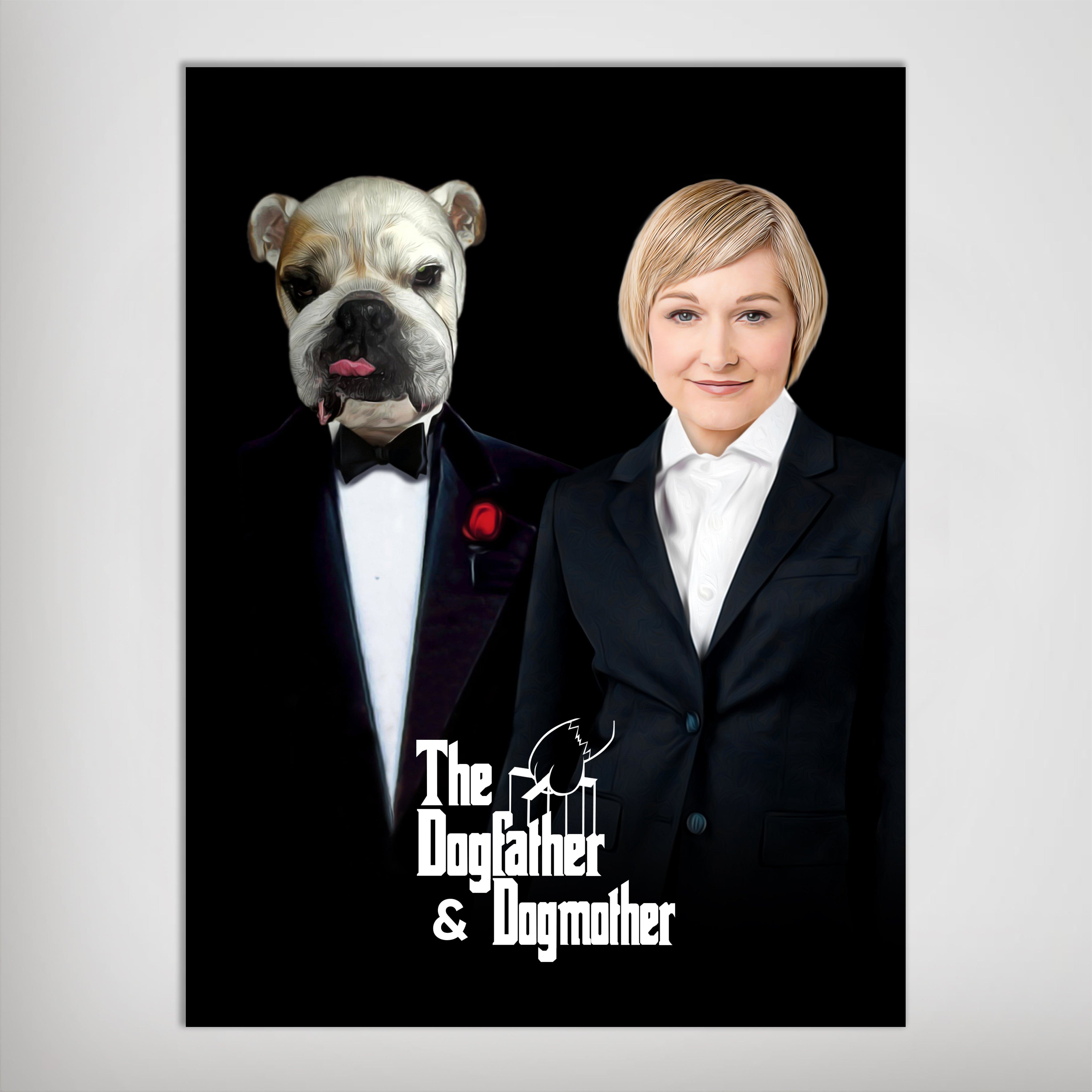 Personalized 'The Dogfather &amp; Dogmother' poster featuring a bulldog in a tuxedo and a woman in a suit.
