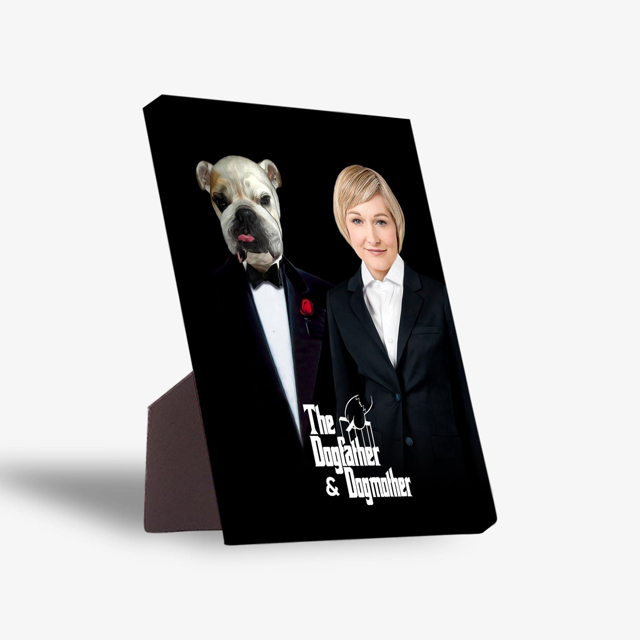Personalized 'The Dogfather & Dogmother' standing canvas with a bulldog in a tuxedo and a woman in a suit.