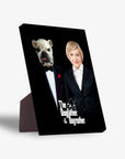 Personalized 'The Dogfather & Dogmother' standing canvas with a bulldog in a tuxedo and a woman in a suit.