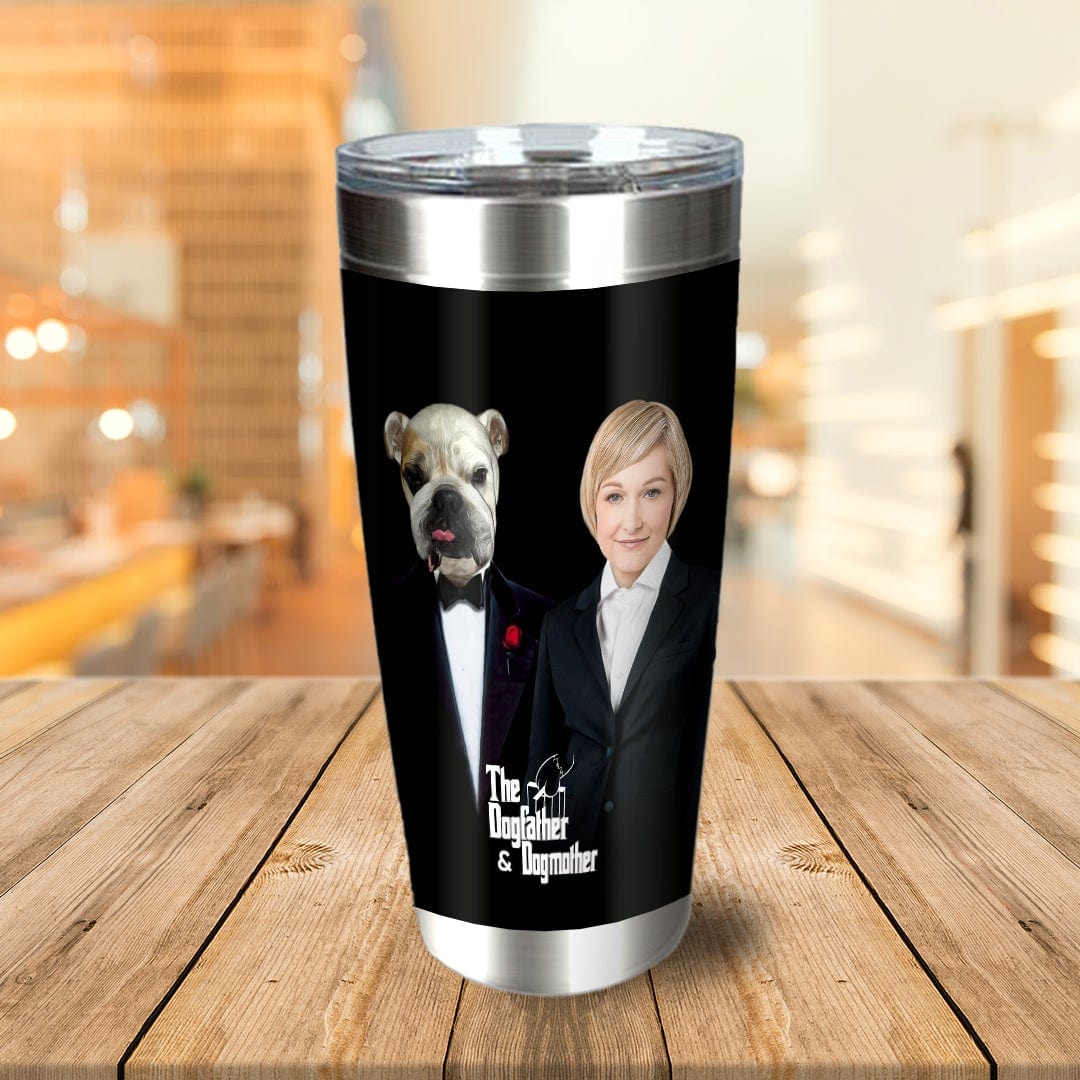 Black personalized stainless steel tumbler with custom "Dogfather & Dogmother" portrait of a bulldog and woman.