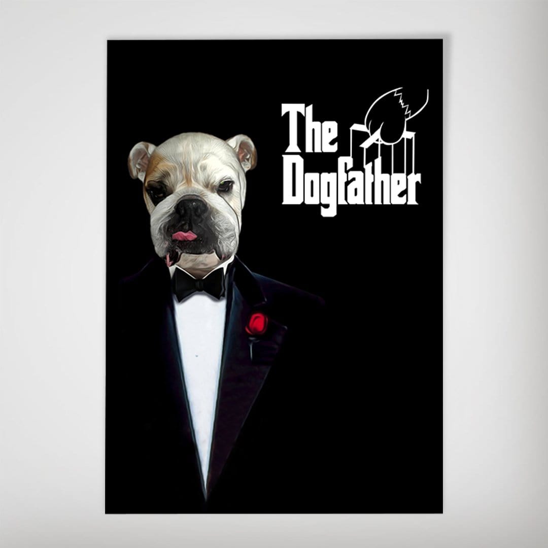 Personalized "The Dogfather" poster featuring a bulldog in a black tuxedo with a red rose and cigar.