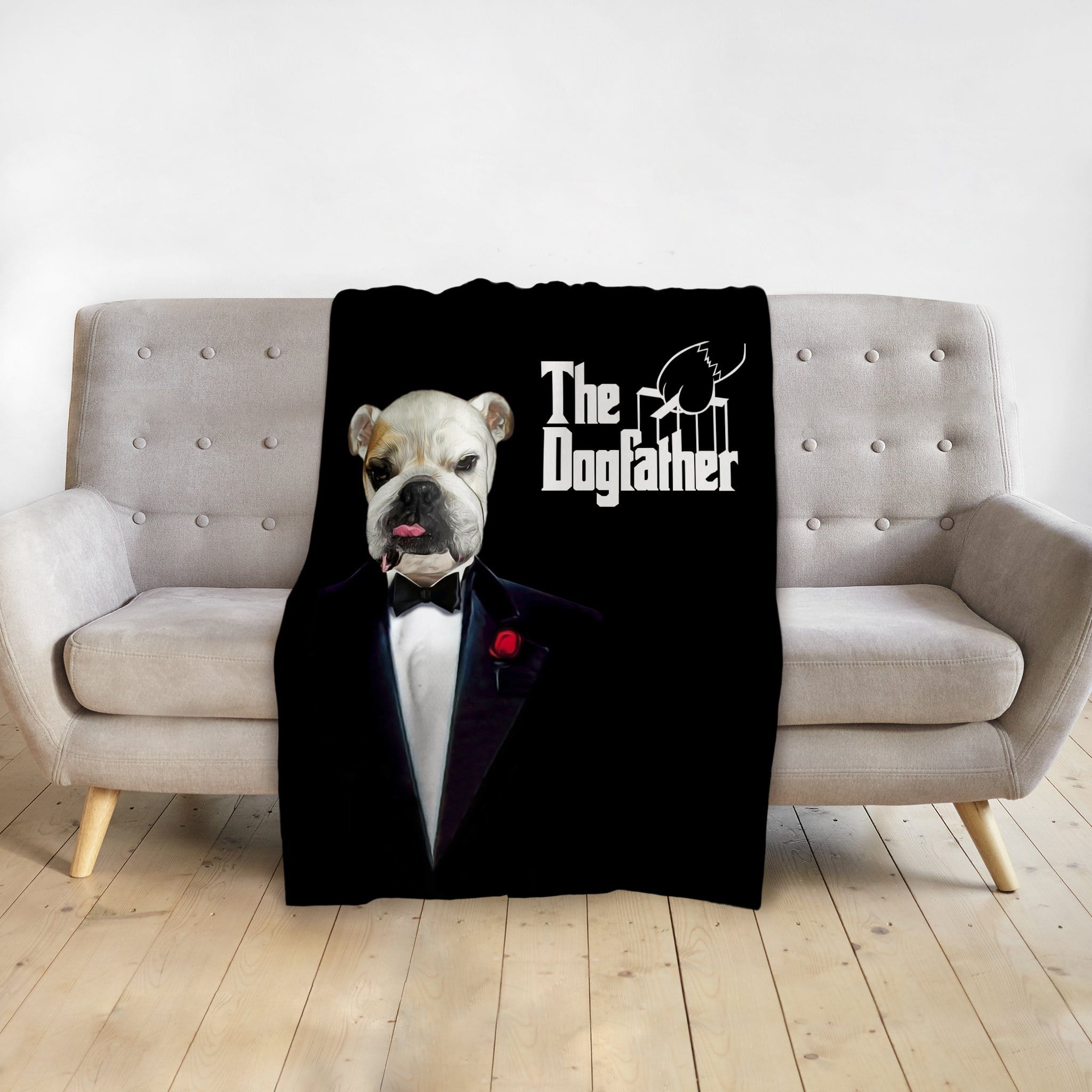 Black personalized pet blanket with a bulldog in a tuxedo and "The Dogfather" text.