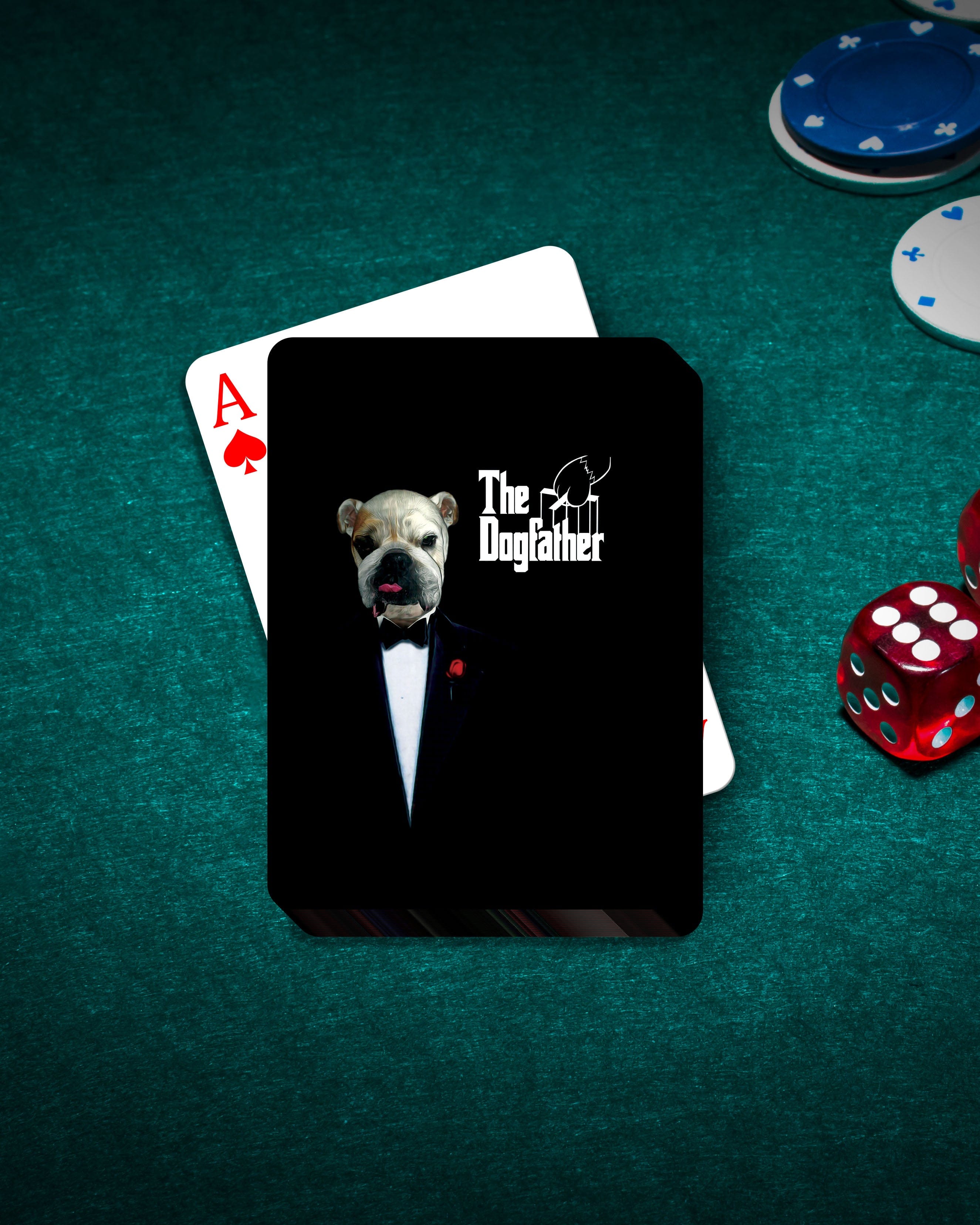Personalized "The Dogfather" playing cards featuring a bulldog portrait in a tuxedo.