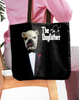 Black personalized tote bag with a custom bulldog pet portrait in a tuxedo, "The Dogfather" text.