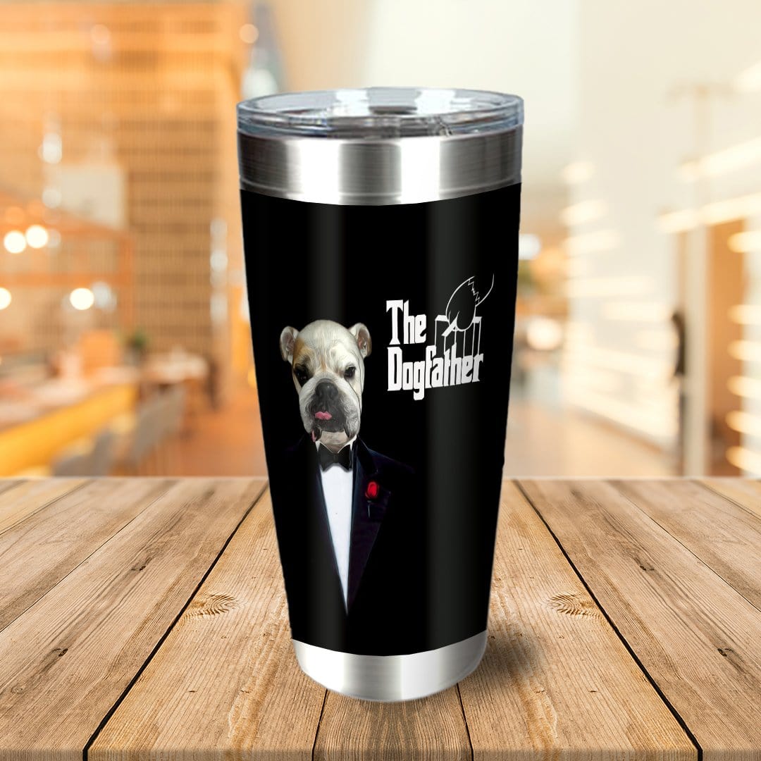 Personalized black stainless steel tumbler with a custom bulldog pet portrait in a tuxedo, titled "The Dogfather.