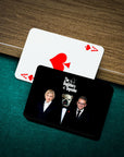 Personalized playing cards featuring a custom pet portrait of a bulldog between two people in suits.