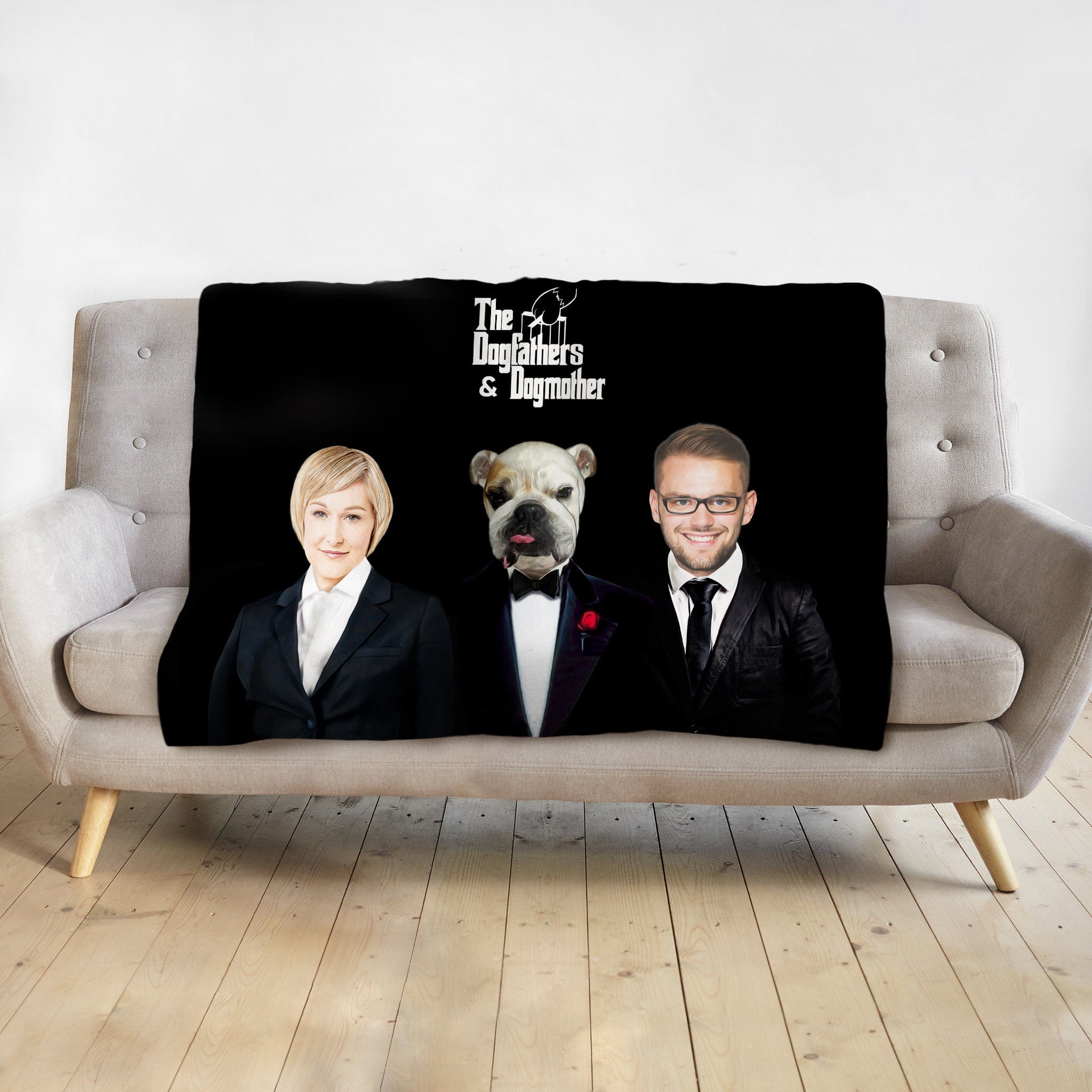 Black personalized pet/human blanket with "The Dogfathers & Dogmother" text, featuring a woman, bulldog, and man in suits.