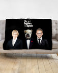 Black personalized pet/human blanket with "The Dogfathers & Dogmother" text, featuring a woman, bulldog, and man in suits.