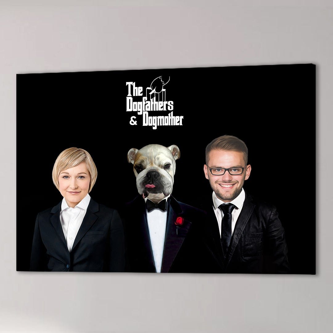 Personalized "The Dogfathers & Dogmother" canvas with a woman, bulldog, and man in suits on black.