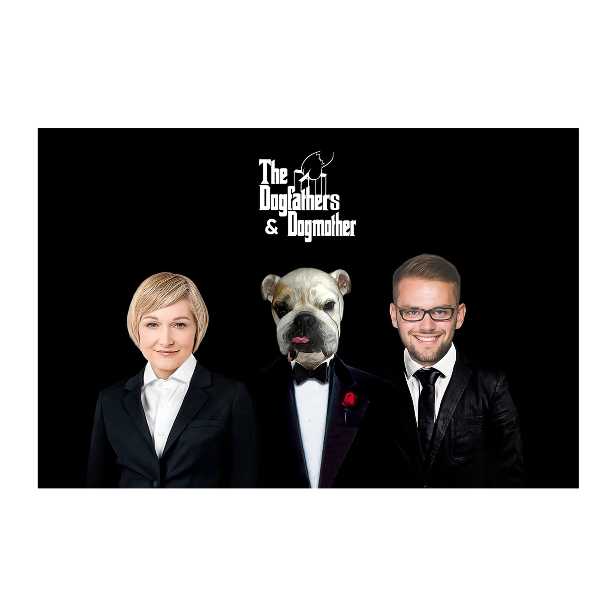 Personalized Dogfathers & Dogmother digital portrait featuring a bulldog, woman, and man in suits.