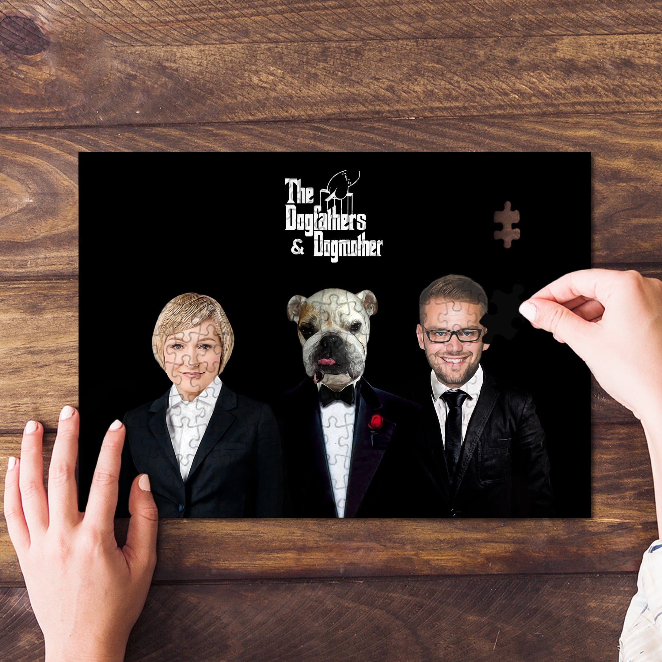 Personalized 'The Dogfathers & Dogmother' puzzle with custom human and bulldog pet portraits.