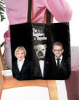 Black personalized 'The Dogfathers & Dogmother' tote bag with custom human and bulldog portraits.