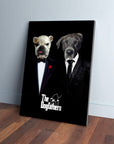 Personalized "The Dogfathers" canvas featuring two dogs in suits against a black background.