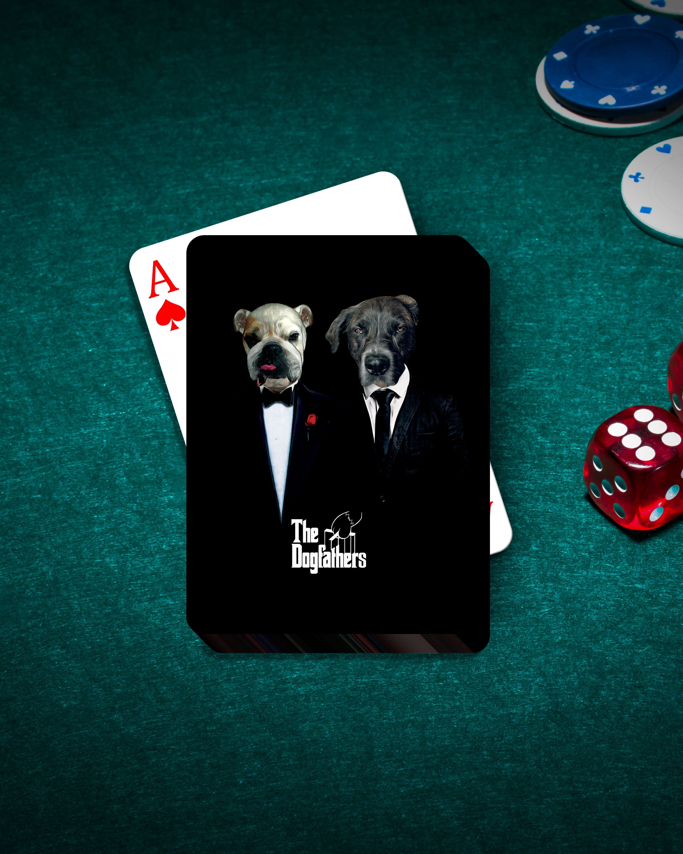 Personalized playing cards featuring two pets as "The Dogfathers" on a green poker table.