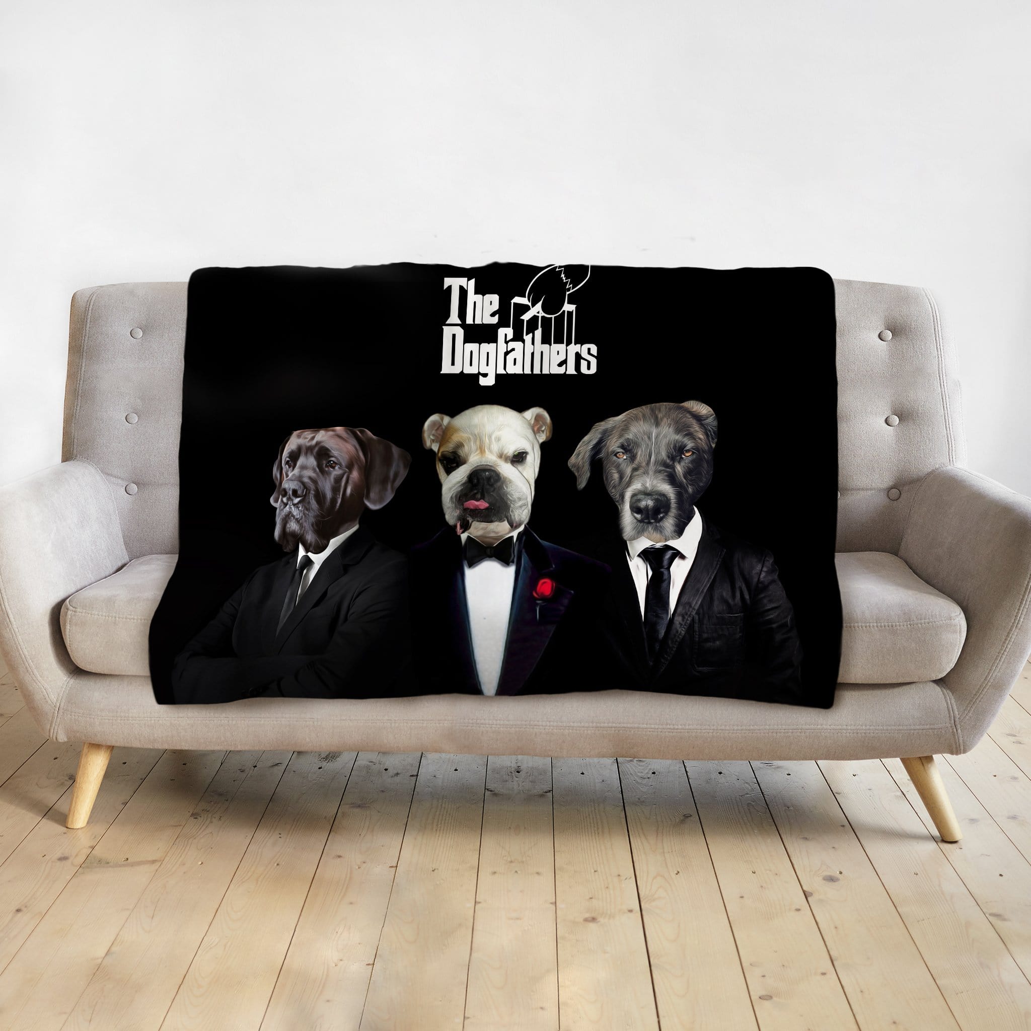 Black personalized minky blanket with three dogs in "The Dogfathers" renaissance-style portraits.