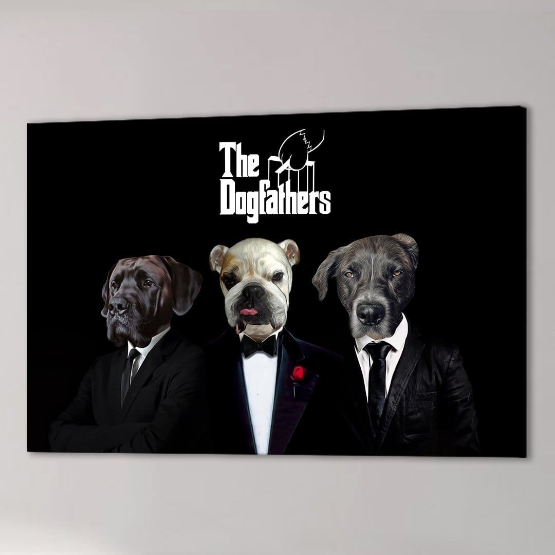 Personalized 'The Dogfathers' canvas featuring three dogs in black suits on a black background.