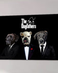 Personalized 'The Dogfathers' canvas featuring three dogs in black suits on a black background.