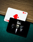 Personalized playing cards featuring three dogs in "The Dogfathers" custom portrait style on a black background.