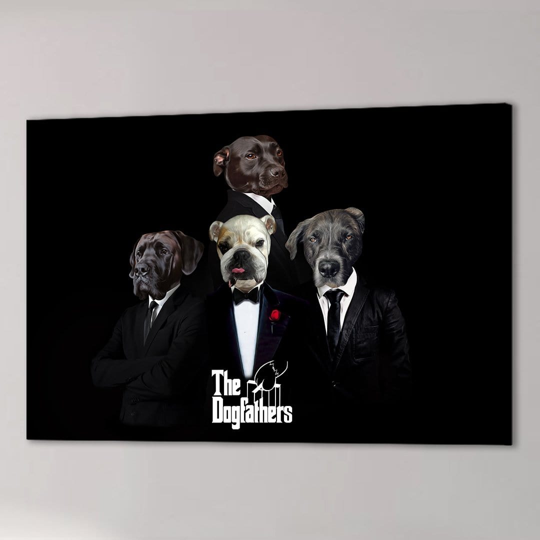 Black canvas featuring four personalized pets dressed as "The Dogfathers" in suits.