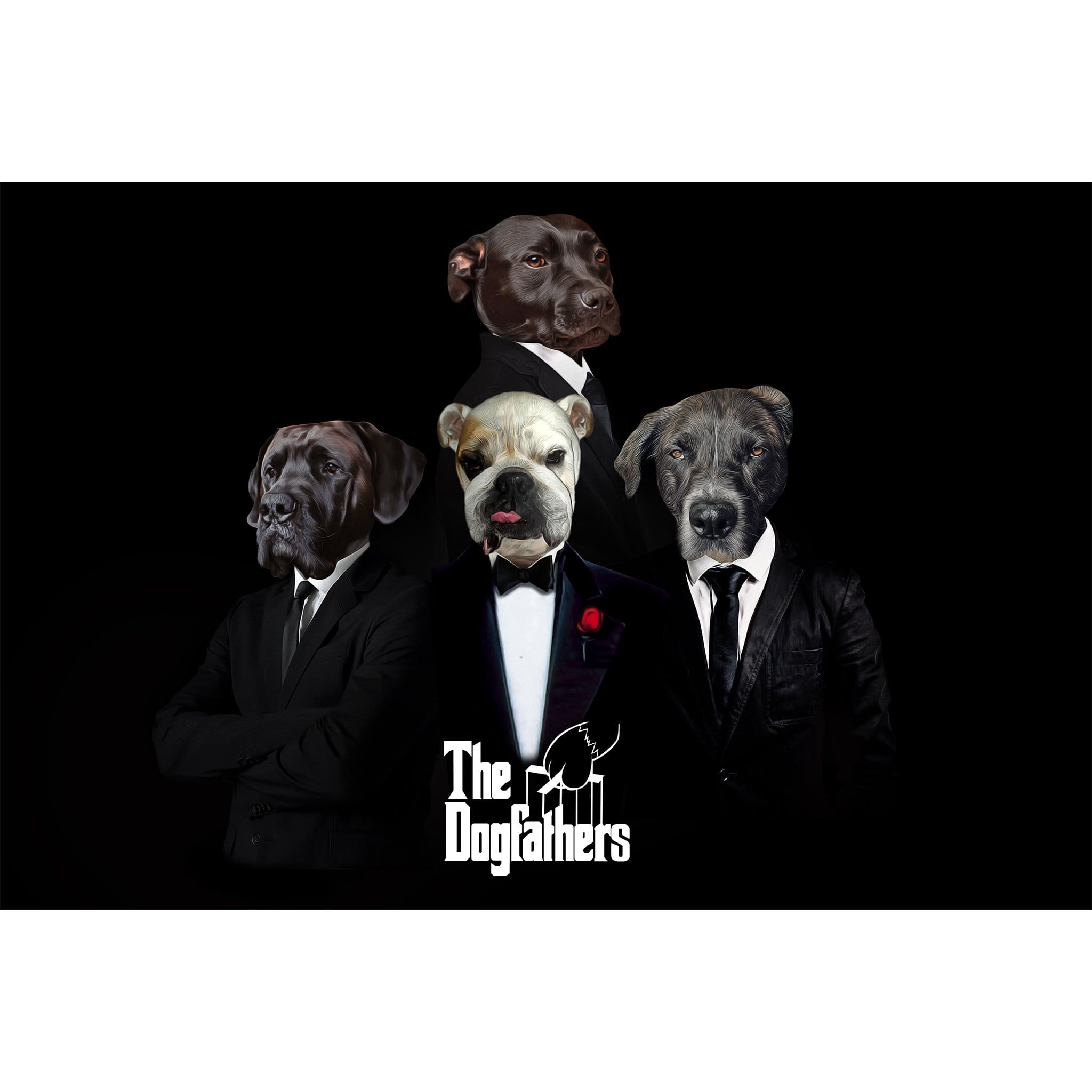 Personalized "The Dogfathers" digital portrait featuring four pets in suits on a black background.