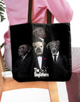 Black personalized "The Dogfathers" tote bag with four custom pet portraits in suits.