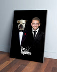Personalized 'The Dogfathers' canvas featuring a bulldog and man in black tuxedos on a dark background.