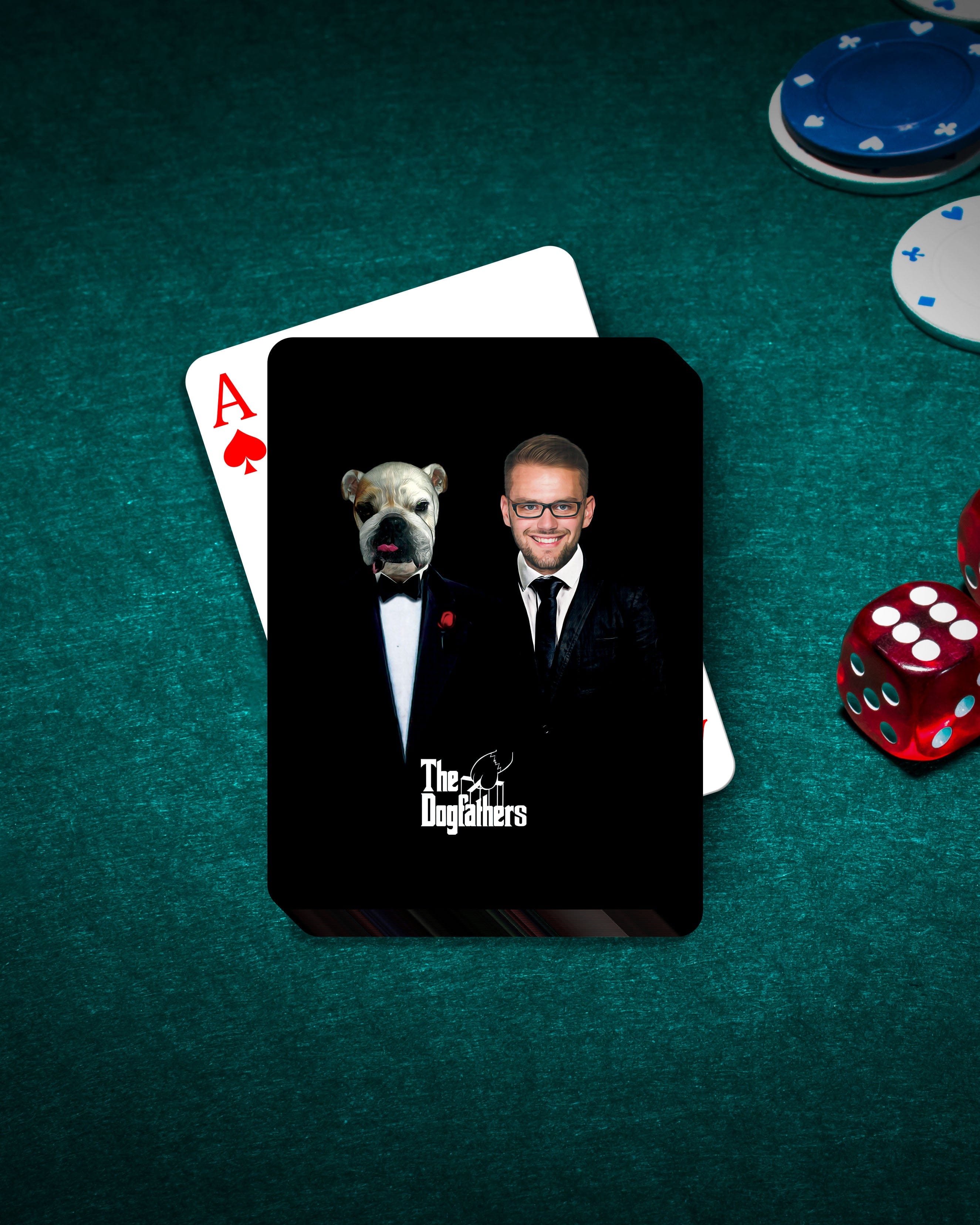 Personalized 'The Dogfathers' playing card featuring a man and a bulldog in tuxedos on a green felt table.