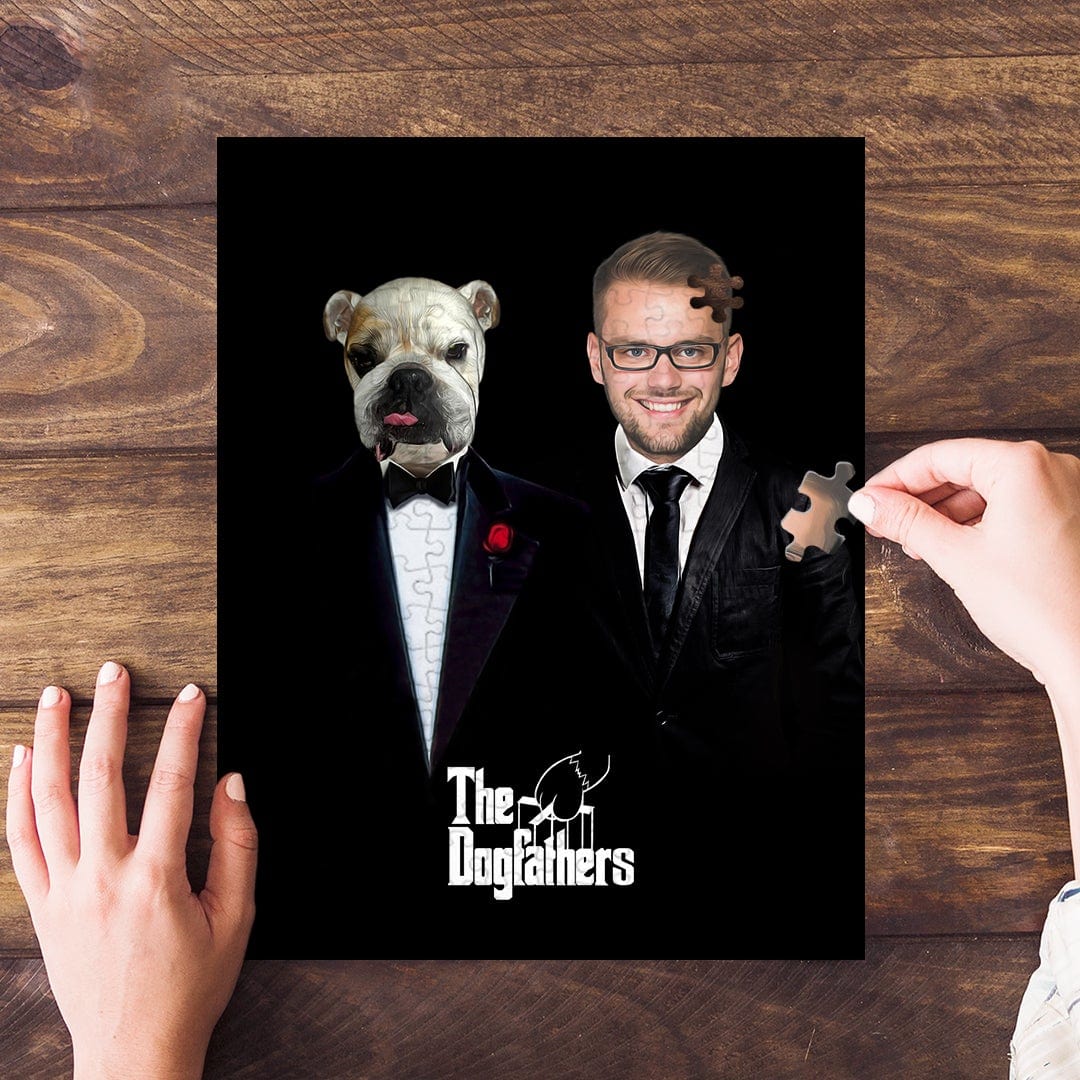 Personalized "The Dogfathers" puzzle featuring a custom portrait of a man and a bulldog in tuxedos.