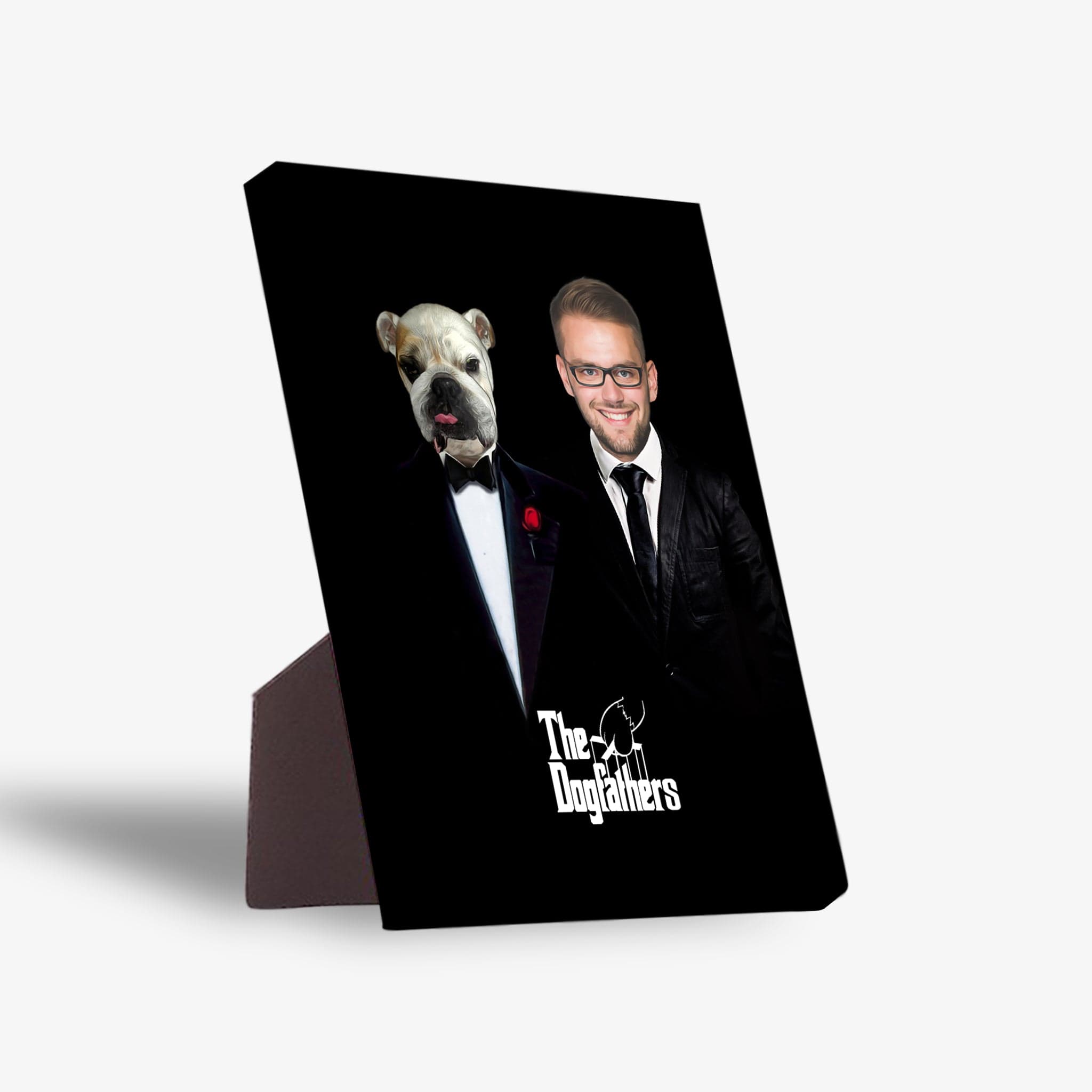 Personalized 'The Dogfathers' standing canvas featuring a man and a bulldog in tuxedos on a black background.