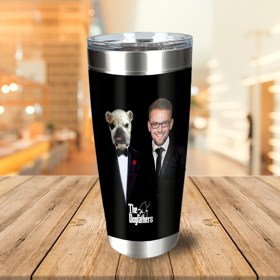 Personalized black stainless steel tumbler with a custom "The Dogfathers" portrait of a man and a bulldog.