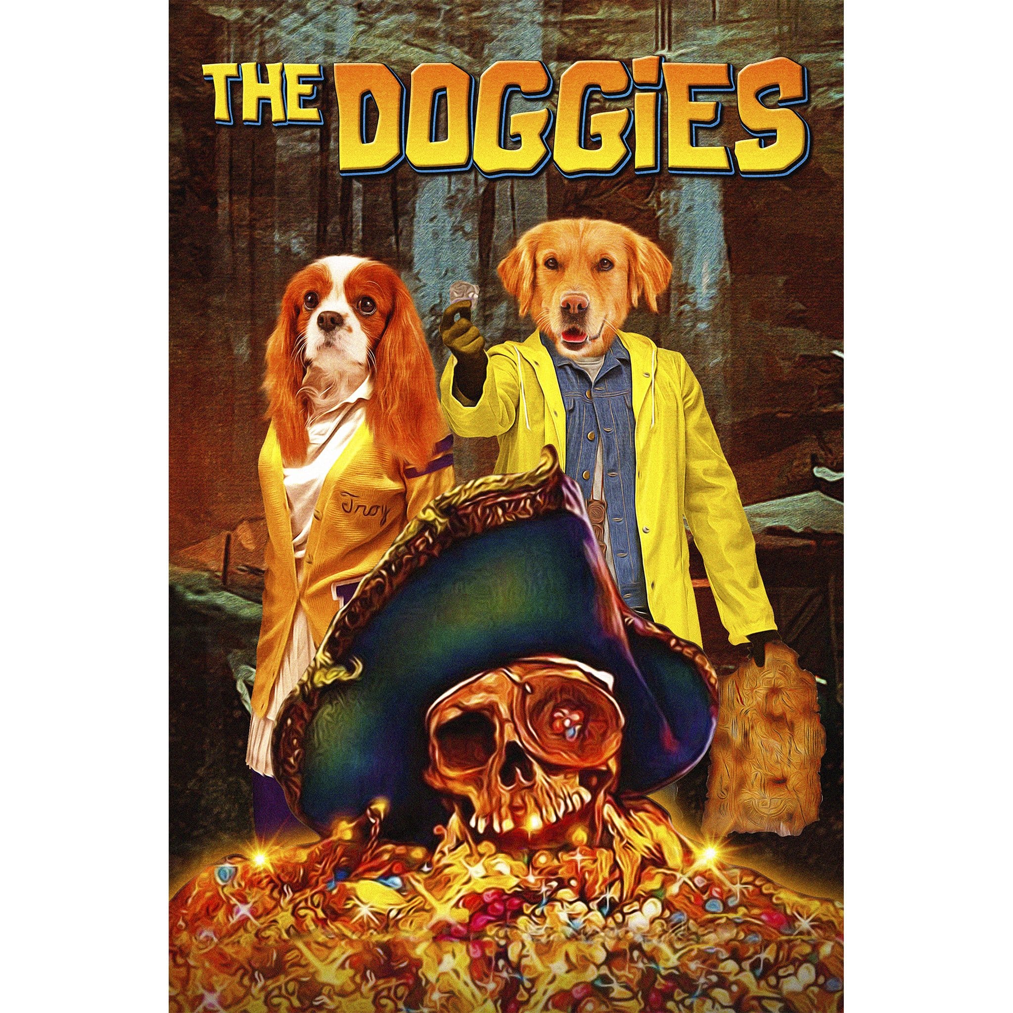 Custom digital portrait of two dogs as characters from "The Goonies" movie poster.