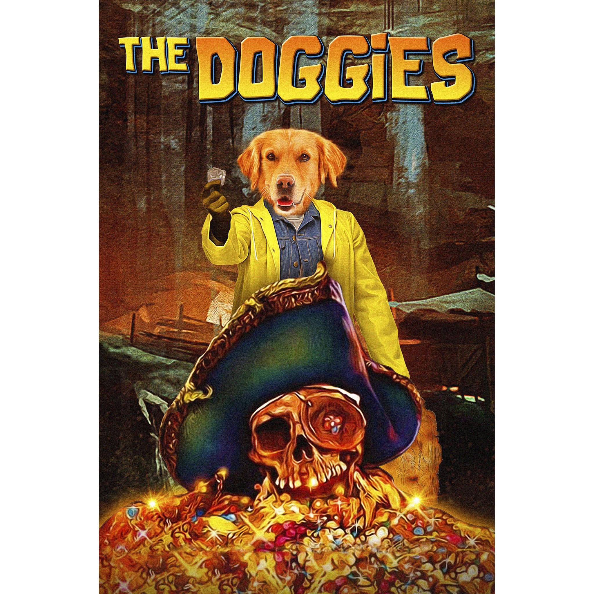 Custom digital portrait of a golden retriever dog as a pirate, standing over treasure.