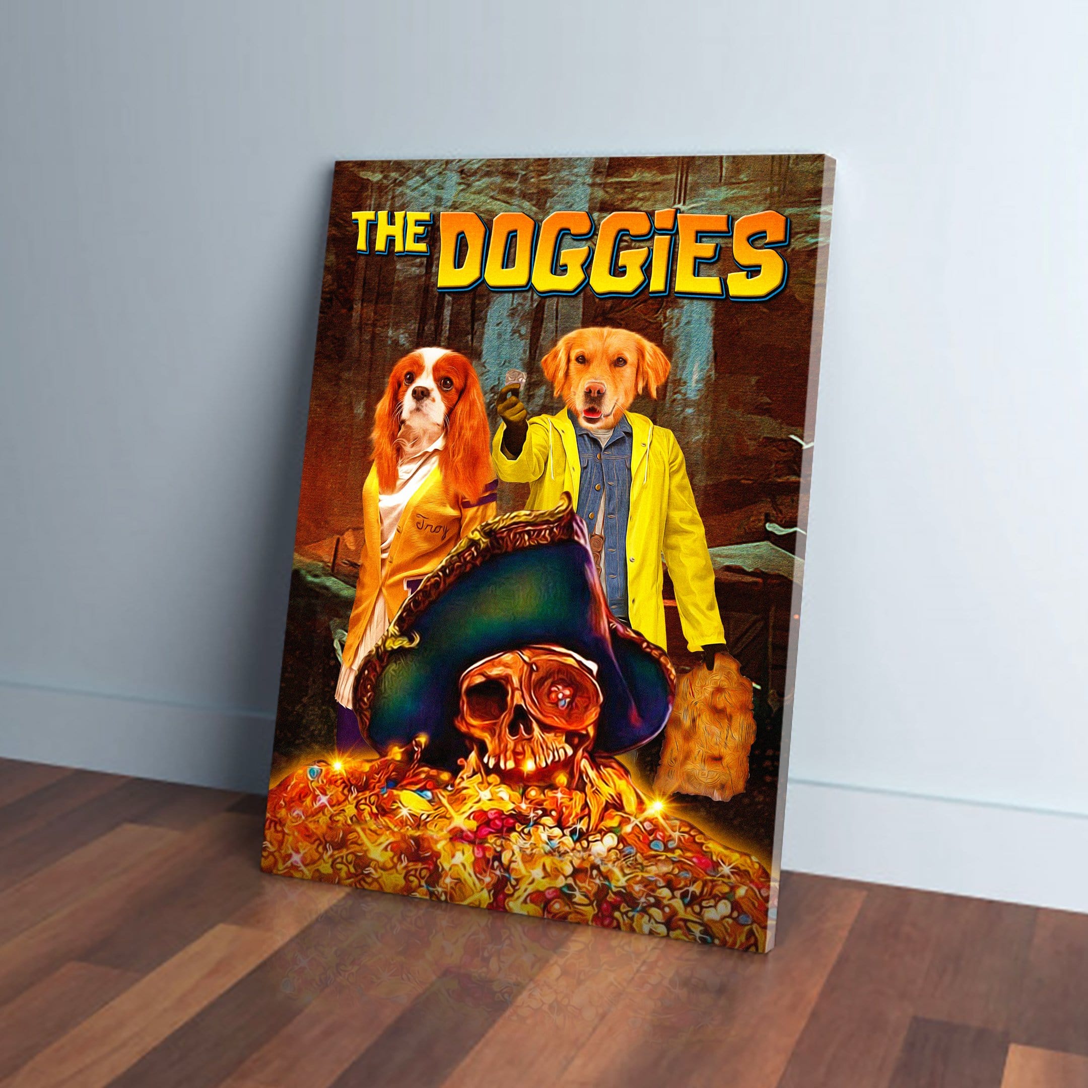 Personalized canvas featuring two dogs dressed as movie characters, standing over a pirate skull and treasure.
