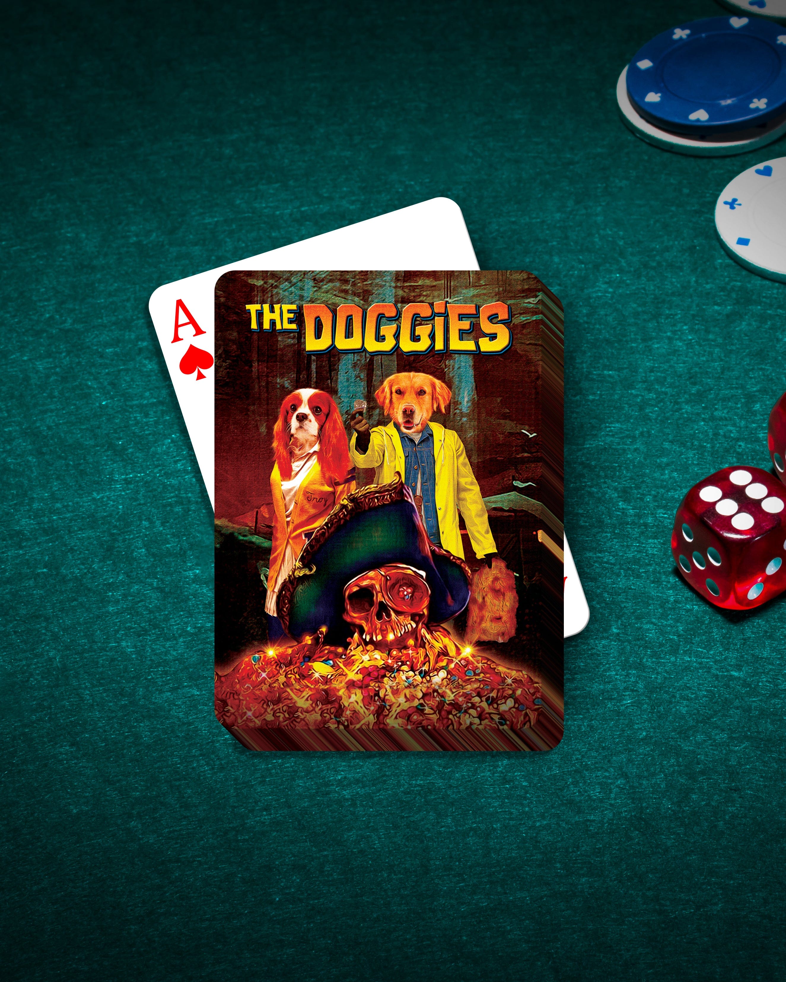 Personalized playing cards featuring two dogs in pirate costumes, surrounded by treasure, on a green felt table.