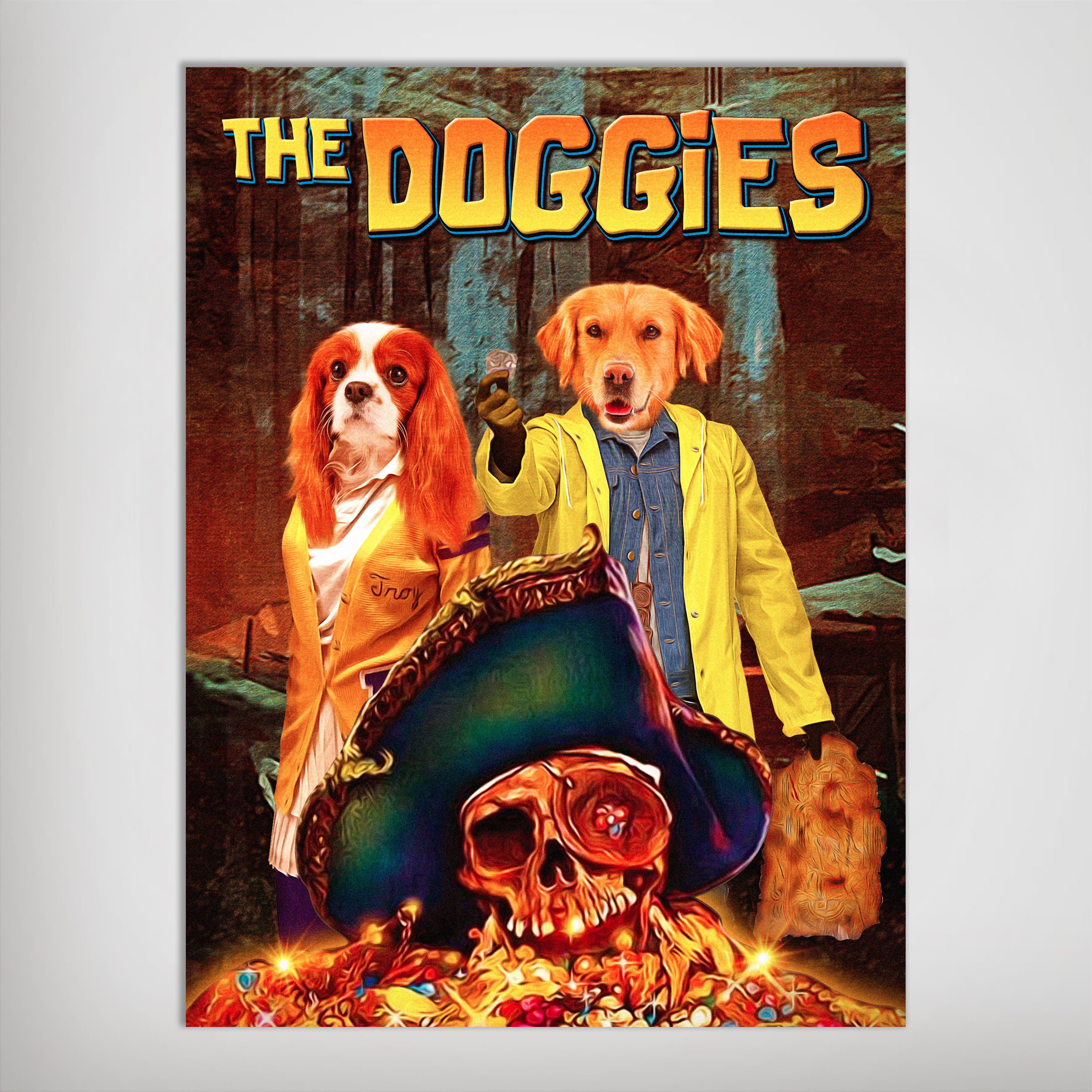 Personalized "The Doggies" poster featuring two pets as characters, a Cavalier King Charles Spaniel and a Golden Retriever, in a vibrant, artistic style.