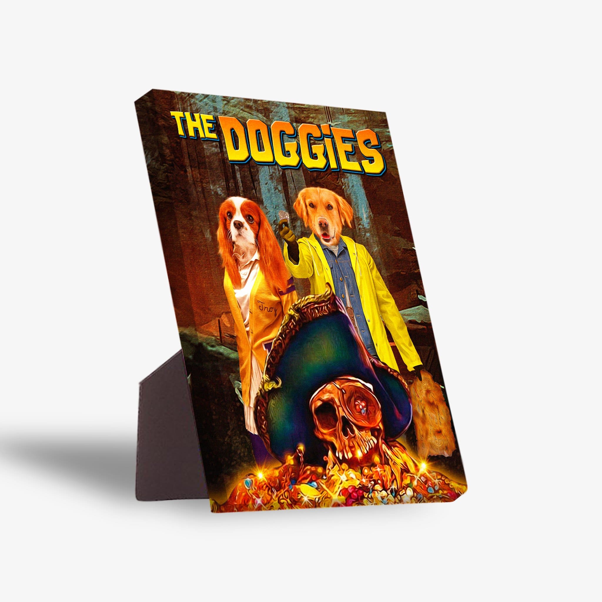 Personalized 'The Doggies' standing canvas featuring two pets in a pirate adventure scene with a skull and treasure.