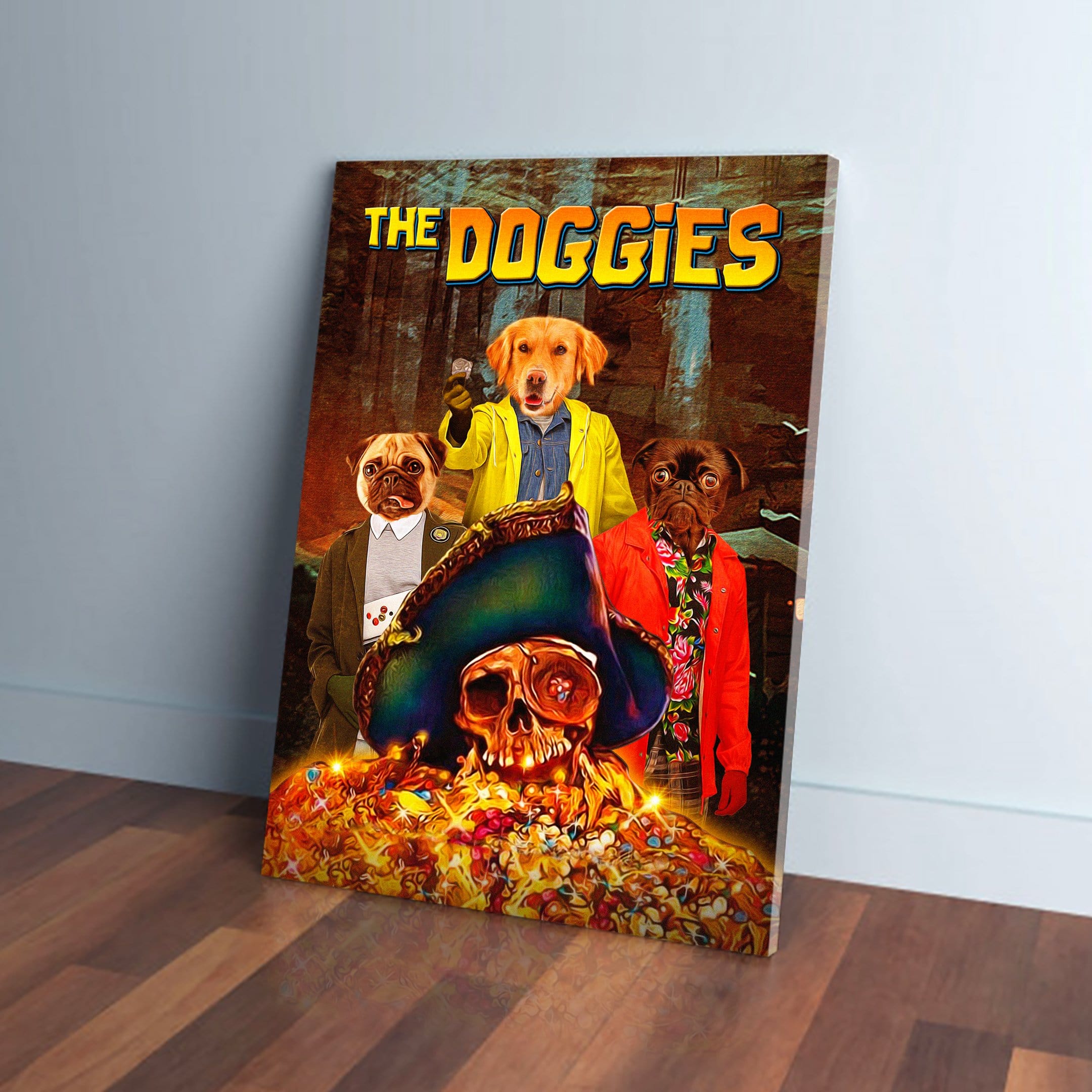 Personalized 'The Doggies' canvas featuring three pets as characters from a movie poster.