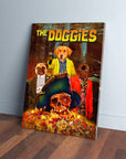 Personalized 'The Doggies' canvas featuring three pets as characters from a movie poster.