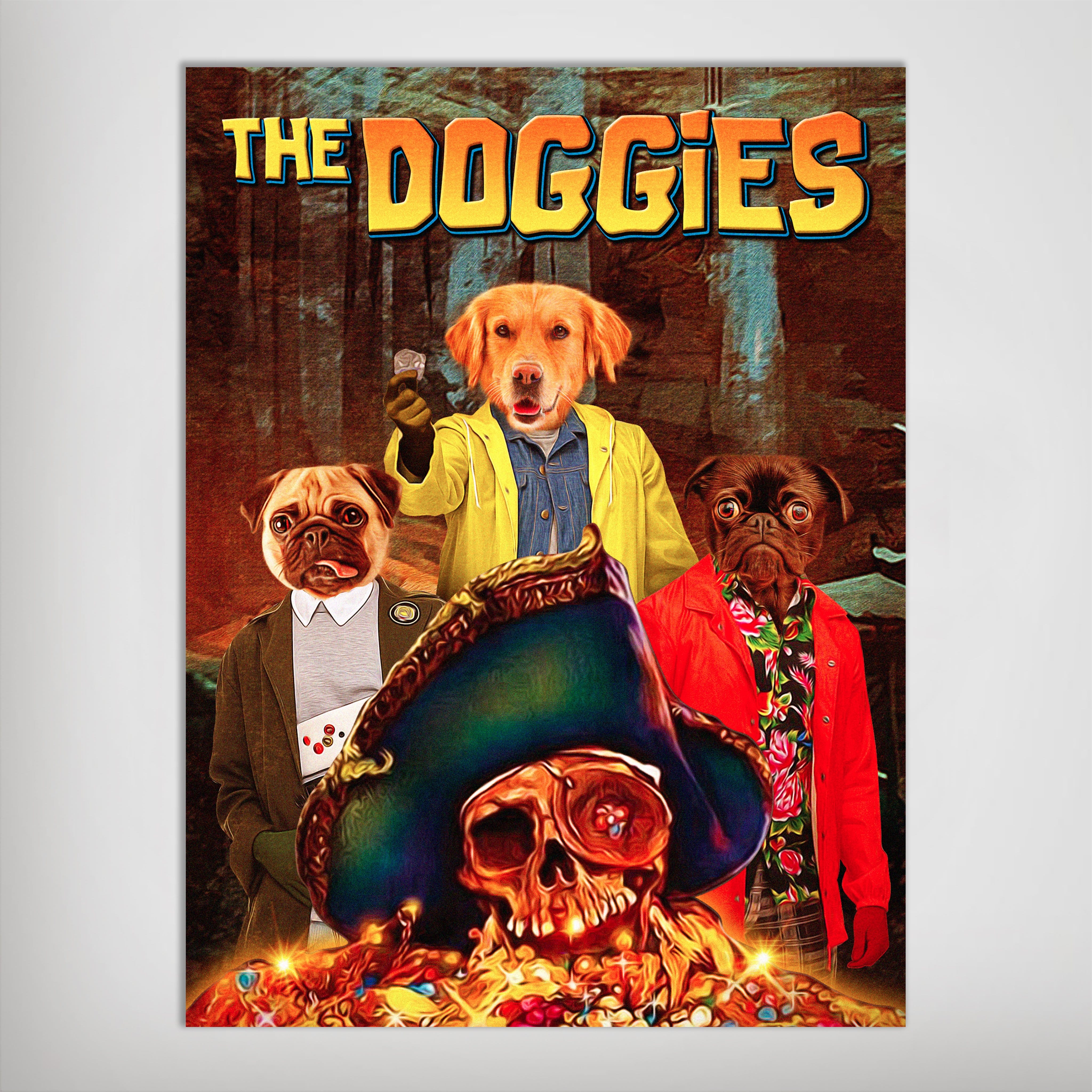 The Doggies personalized 3 pet poster featuring a golden retriever, two pugs, and a pirate skeleton.