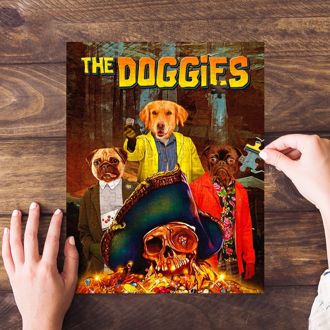 Personalized 3-pet puzzle featuring dogs in a movie poster style, with a skull and treasure.