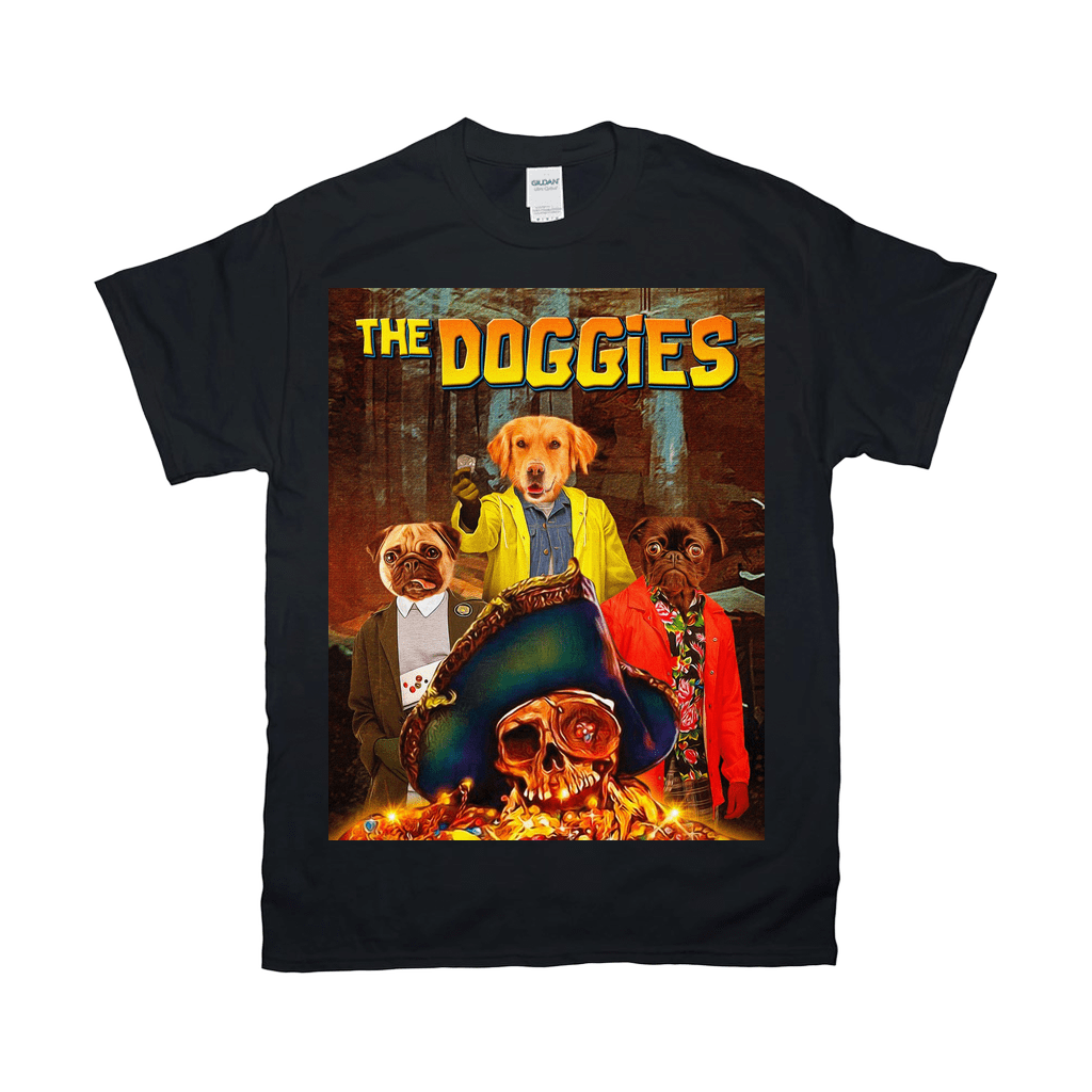 Black Gildan t-shirt with "The Doggies" graphic featuring three dogs dressed as characters, a skull, and treasure.