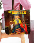 Personalized 'The Doggies' tote bag featuring three custom pet portraits in a movie poster style.